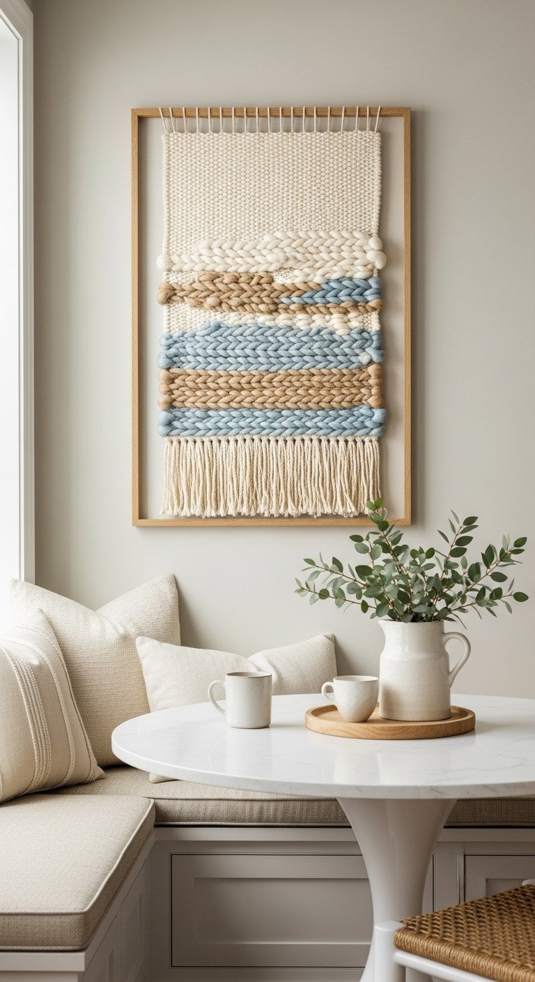 Framed woven wall hanging with chunky cream and blue yarn in a light oak frame hangs in a cozy breakfast nook.