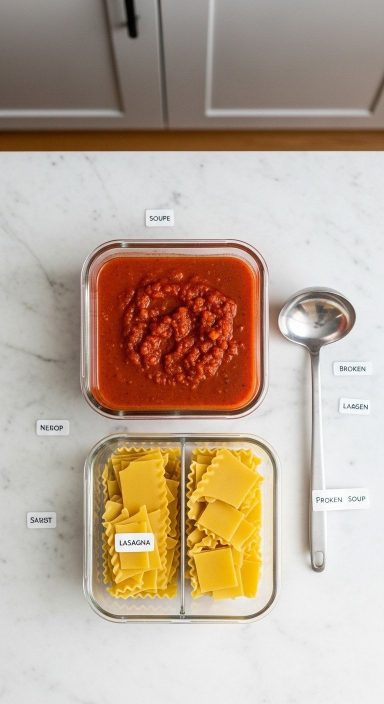 Lasagna Soup One Pot Recipe With Foolproof Noodle Tips 13 Freezer-safe glass containers with separated lasagna soup components: rich red soup base and cooked noodles; meal prep solution.