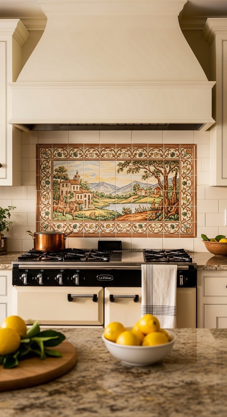 French country kitchen with a ceramic tile mural of a pastoral landscape installed above a classic cream-colored stove.