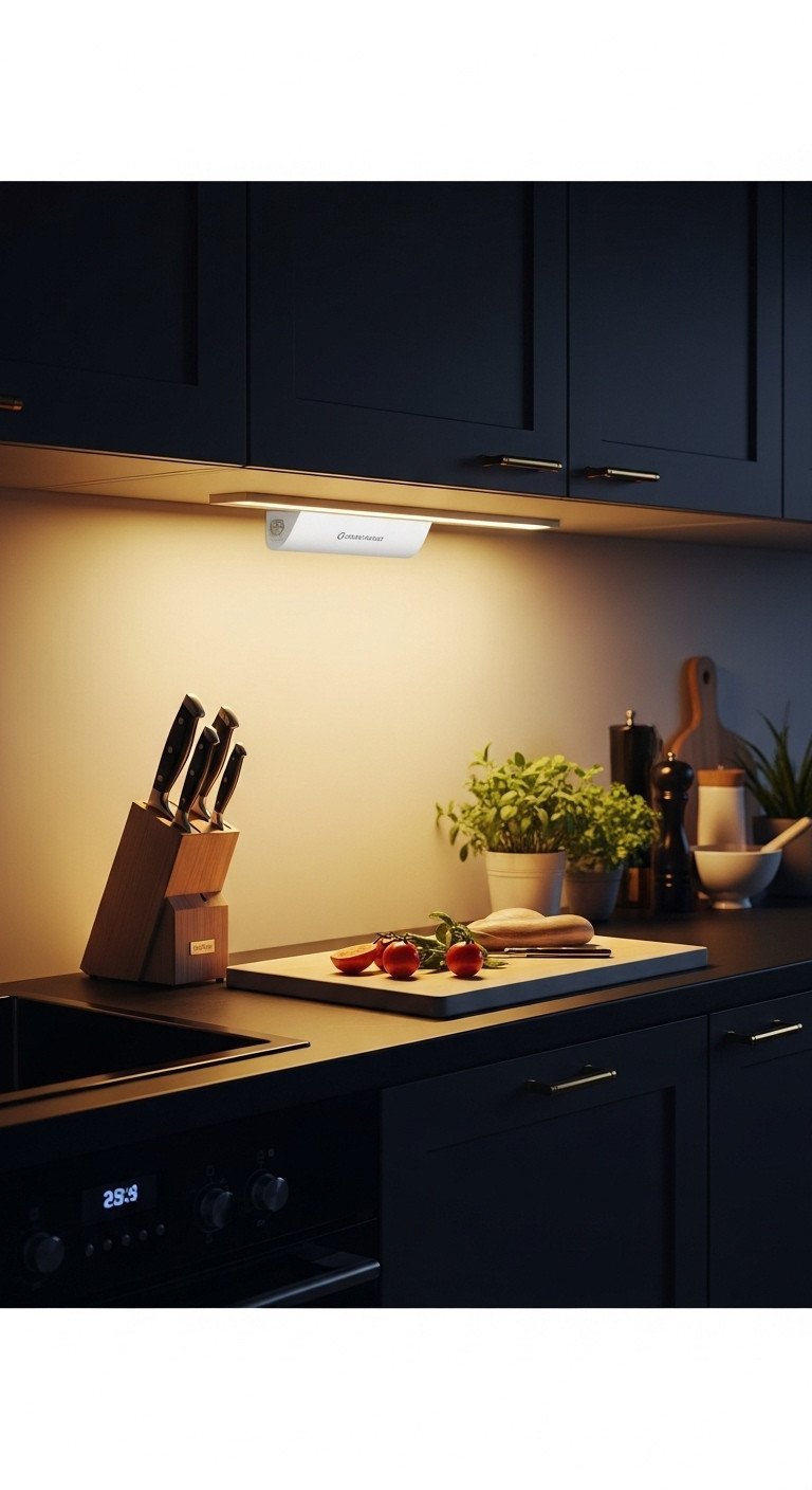 Functional black kitchen at night, showing warm under-cabinet LED light illuminating a black countertop with knife block and fresh herbs.