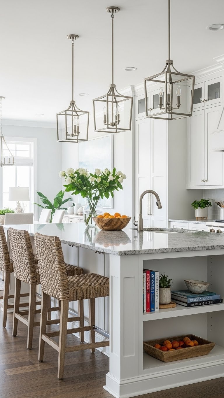 Functional coastal kitchen island: white shaker style with woven bar stools, open shelving, and light granite countertop.