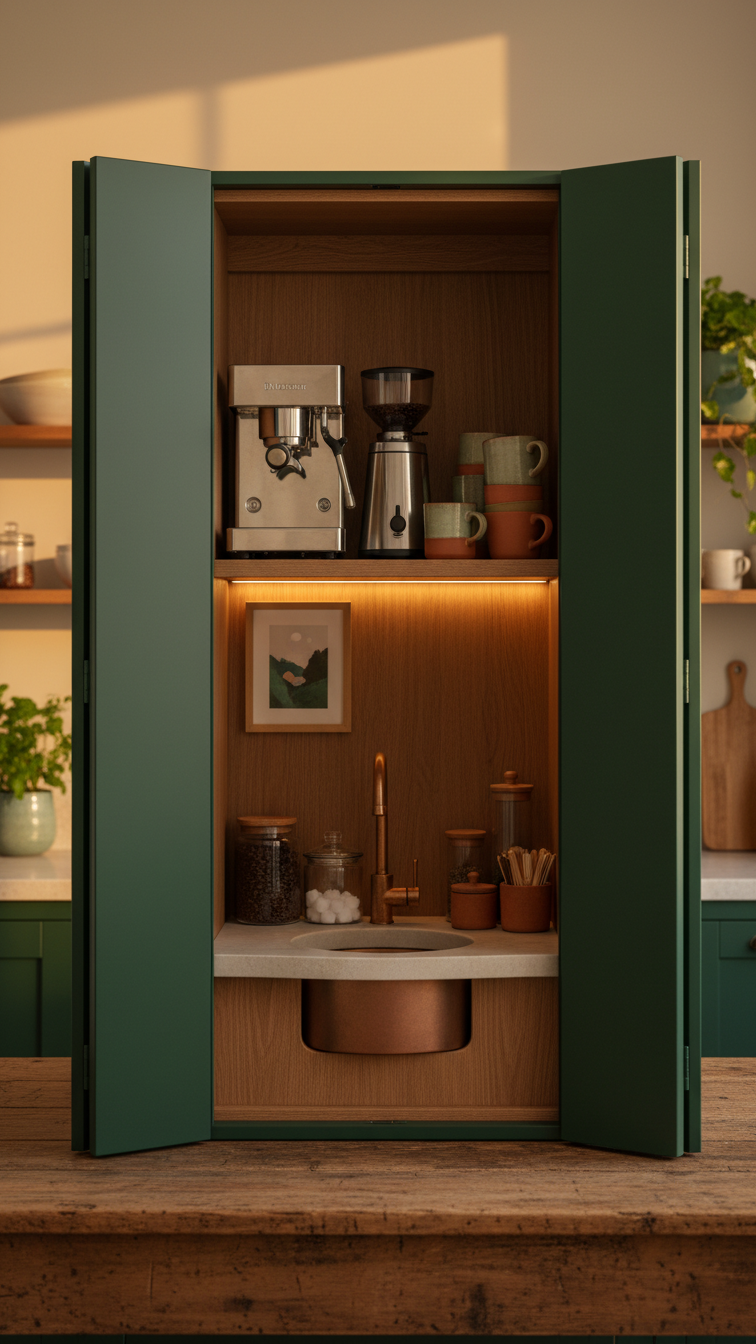 Functional hidden coffee station: bi-fold doors in matte navy cabinetry, built-in shelf, small sink, organized.