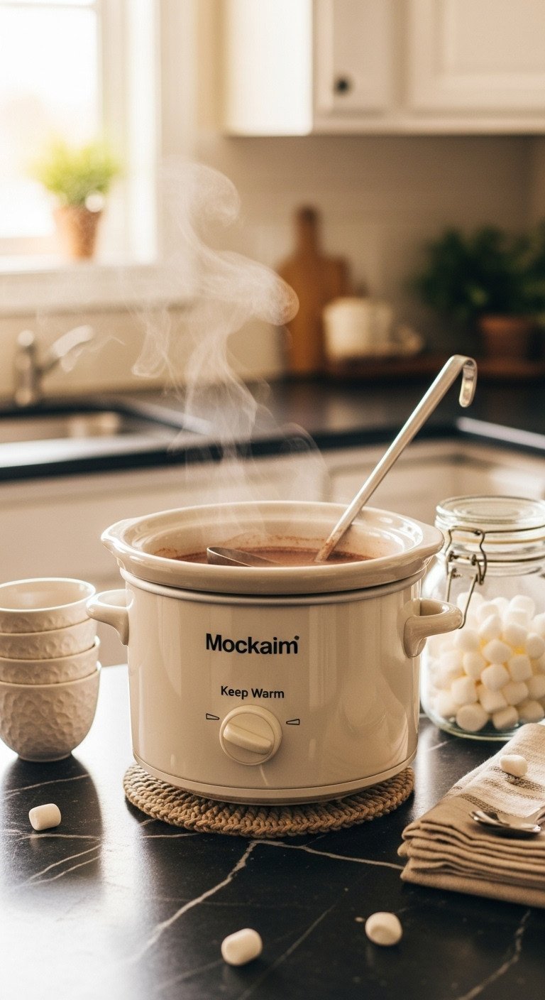 Functional hot cocoa bar with a ceramic slow cooker dispenser, serving ladle, marshmallows, and cozy warm golden light.