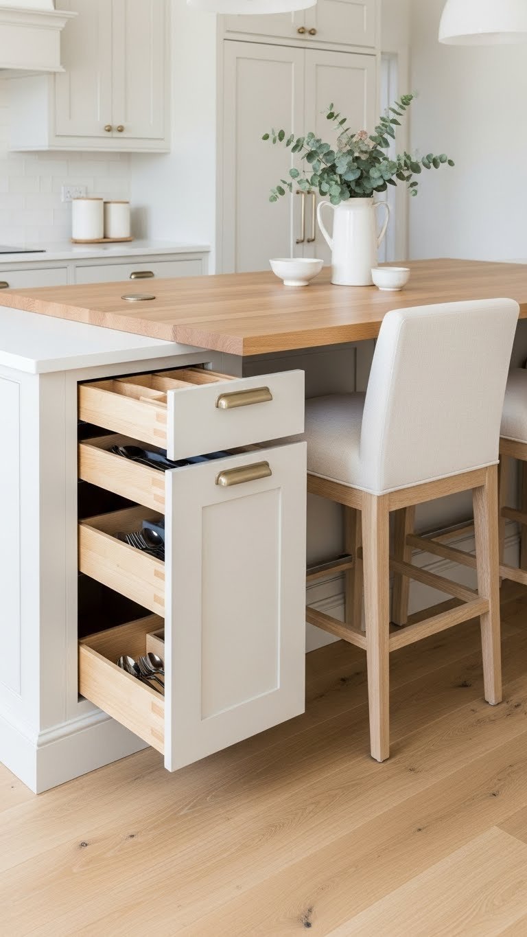 Functional kitchen island with deep drawers, seating overhang, stylish bar stools, charging ports. Light oak floor, warm cream & wood.