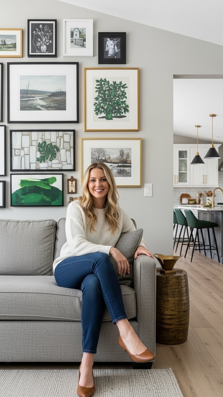 Gallery wall in open concept living room connects to kitchen colors, creating cohesive design with forest green and brass accents.