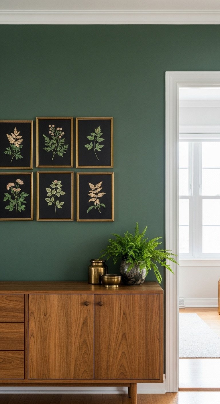 Gallery wall of six dark botanical prints in mismatched brass frames on a forest green wall above a rustic wood sideboard.