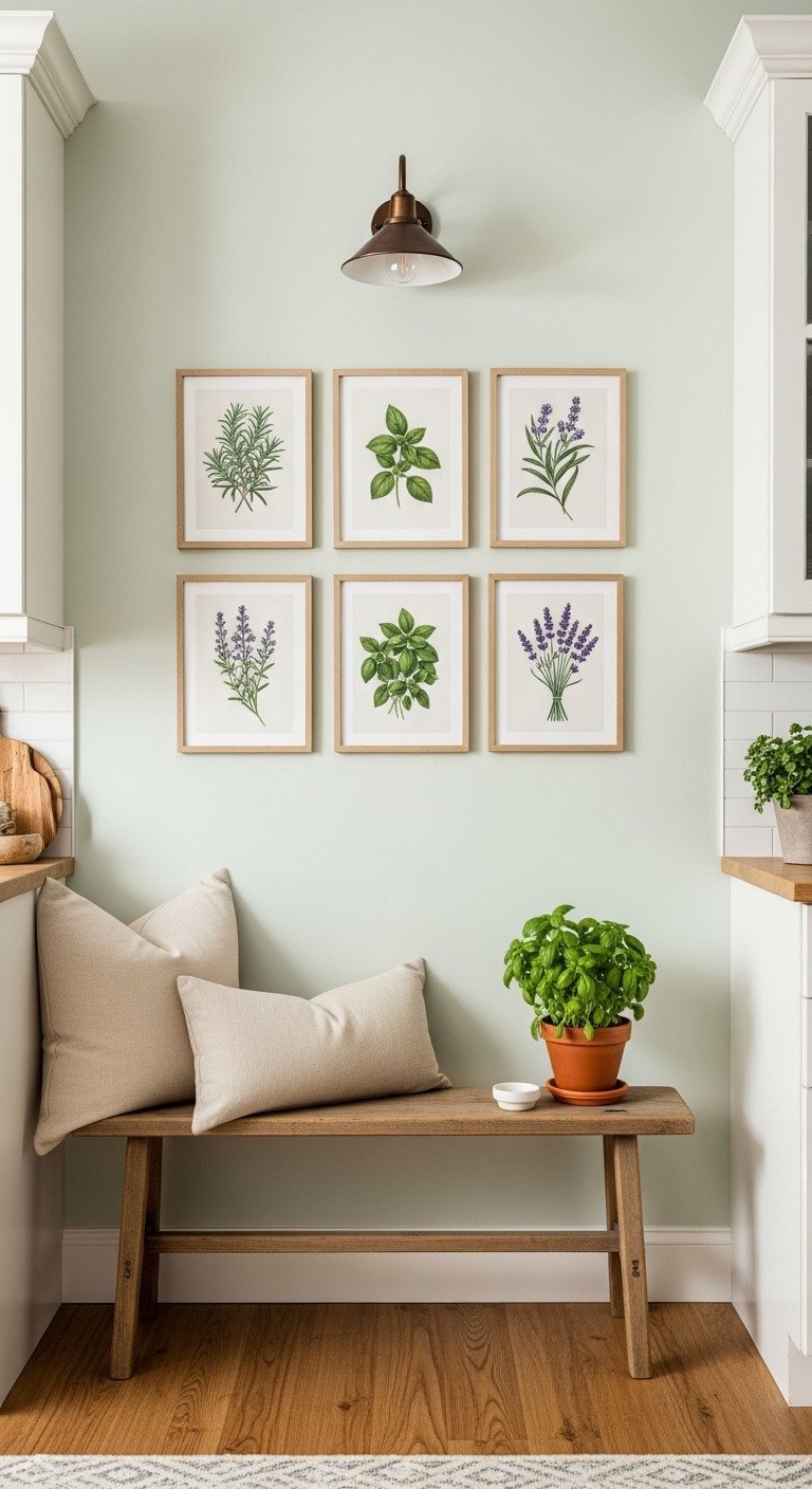 Gallery wall of six framed botanical herb prints hanging above a rustic wooden bench in a cozy farmhouse kitchen.