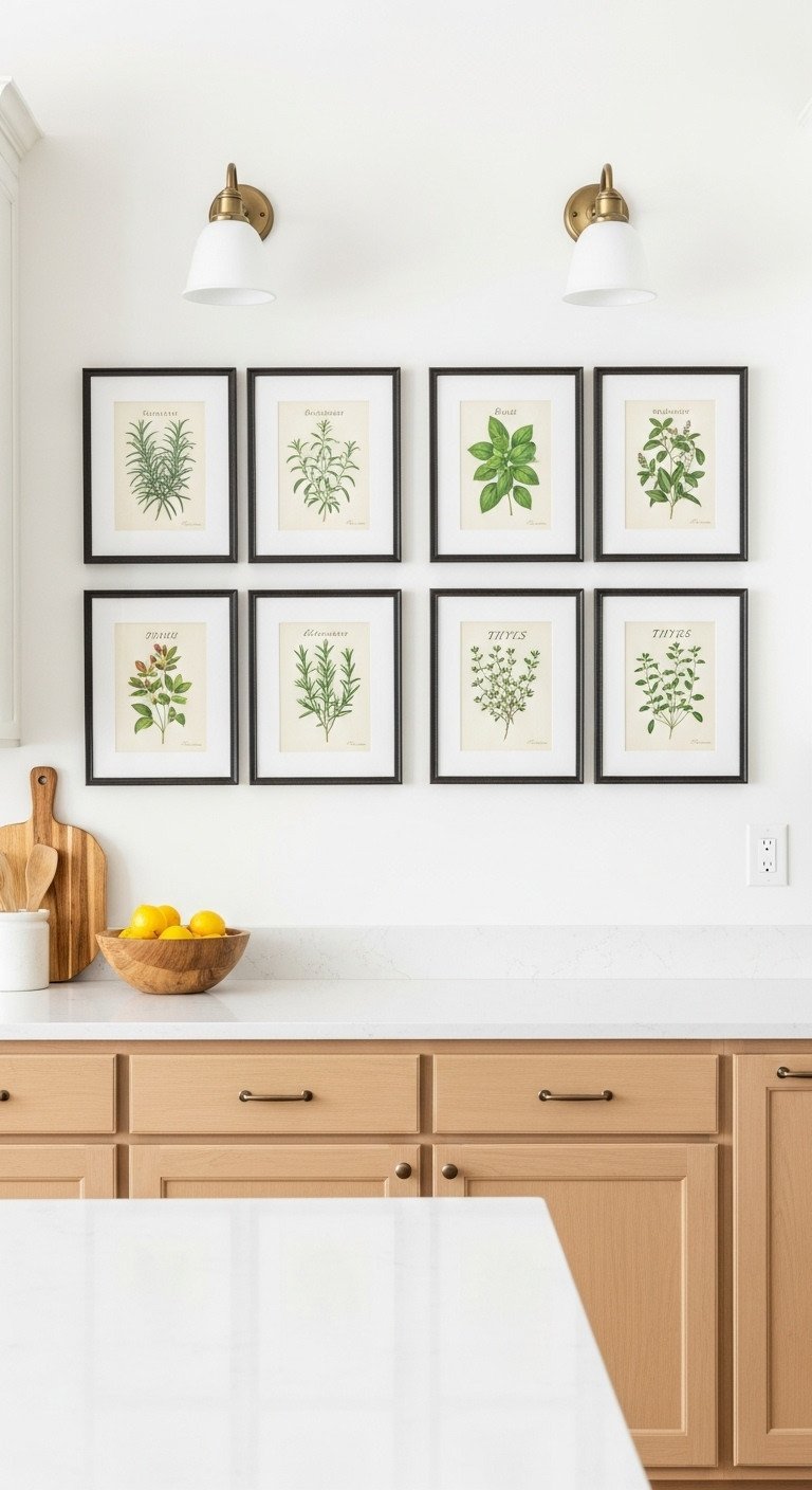 Gallery wall of six vintage botanical herb prints in thin black metal frames on a kitchen wall with light wood cabinets.