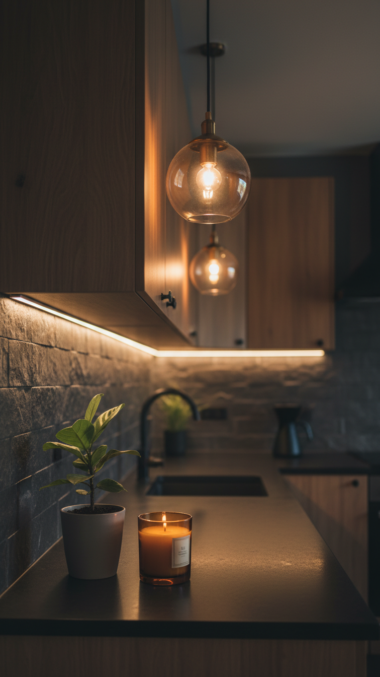 Galley kitchen with dramatic layered lighting: under-cabinet LEDs, textured dark backsplash, warm pendant lights for intimate ambiance.