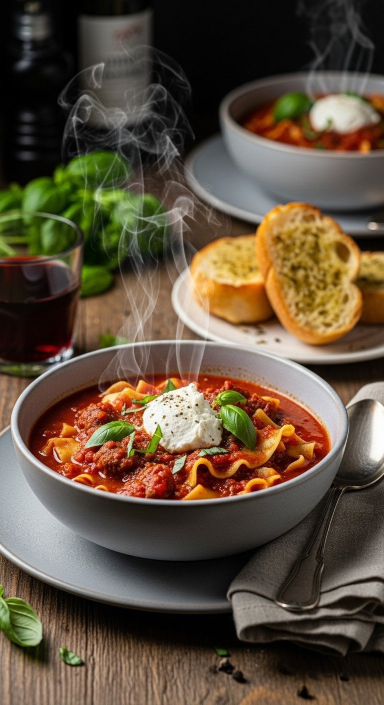 Lasagna Soup One Pot Recipe With Foolproof Noodle Tips 9 Garnished lasagna soup with melting ricotta, fresh basil, and steam, served with crusty garlic bread; cozy setting.