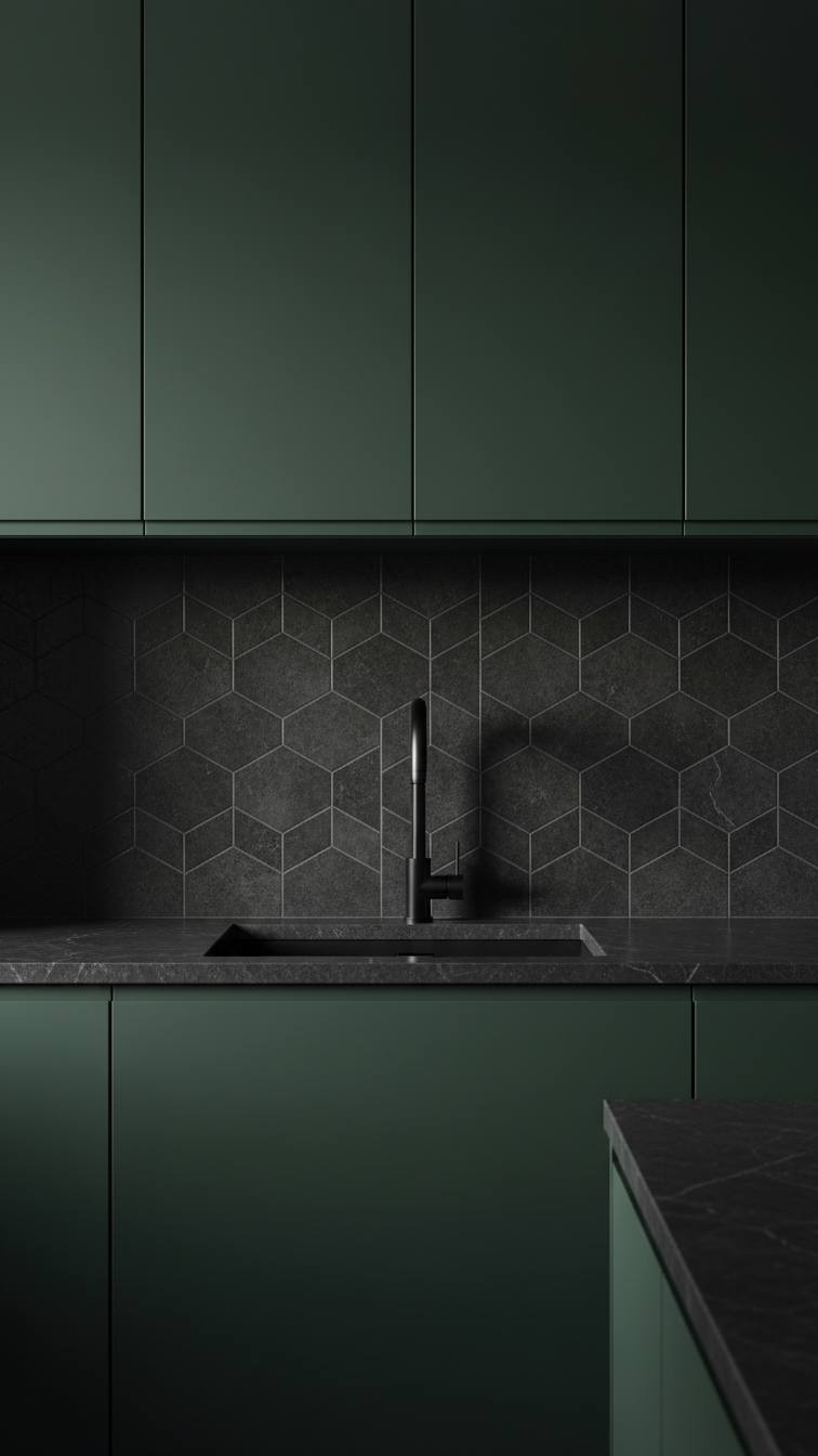 Geometric black and gray tiled backsplash with deep pine green cabinets. Modern kitchen design, matte black faucet.