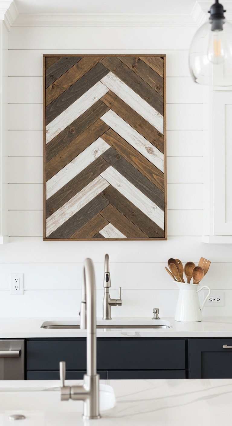 Geometric reclaimed wood wall art in a herringbone pattern on a white shiplap wall in a modern farmhouse kitchen.