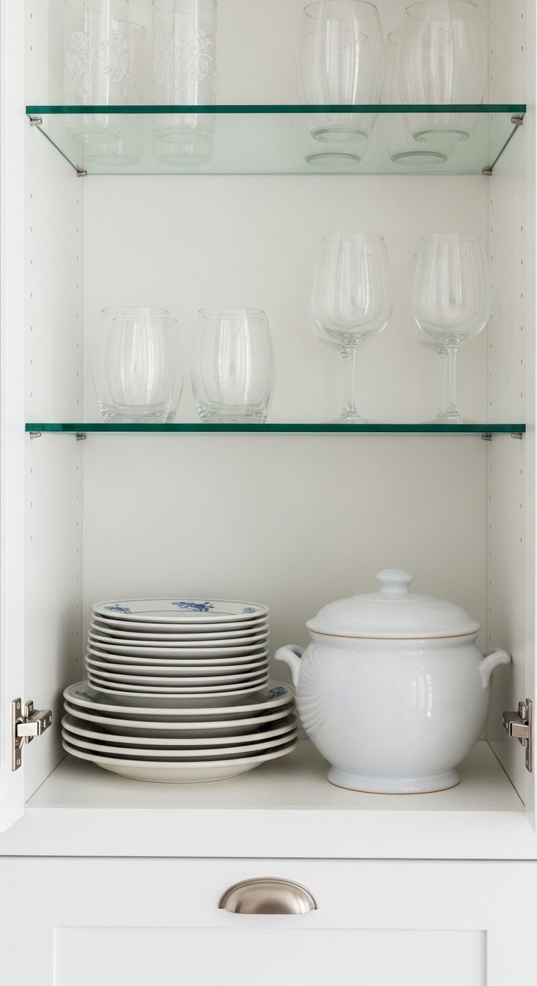 Glass kitchen cabinet showcasing visual weight: heavy stoneware on bottom, delicate wine glasses on top. Modern kitchen organization.