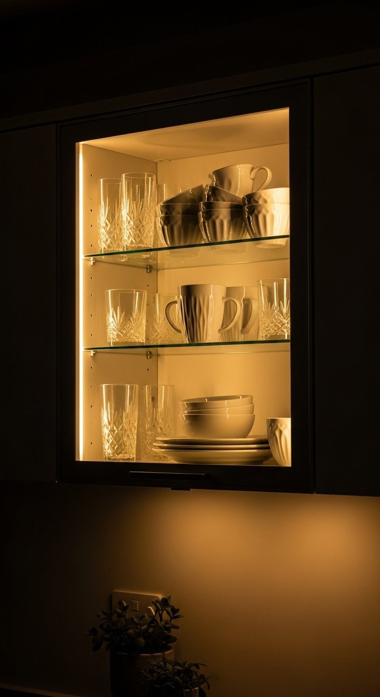 Glass kitchen cabinet with dramatic internal LED lighting, highlighting white ceramic and crystal glassware with a warm glow.