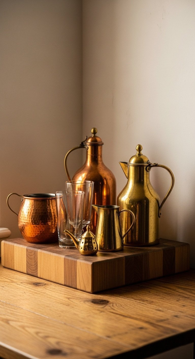Gleaming copper and brass traditional Indian vessels, including lota, glass, jug, and handi, displayed on a butcher block counter.