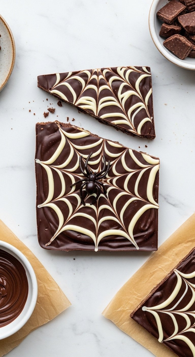 Glossy dark chocolate bark with white spiderweb design and spider, sharp edges, on marble counter with melting wafers.