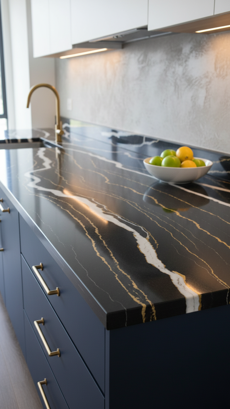 Glossy dark stone kitchen countertop with dramatic white veining, minimalist brass faucet, fruit bowl, on dark blue cabinets.