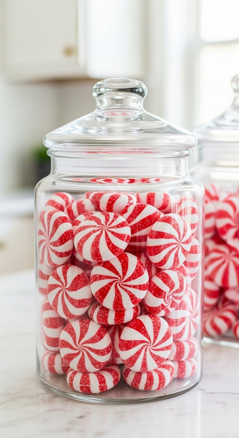 Glossy faux red and white swirled peppermint candies in clear glass apothecary jars on a white marble kitchen counter.