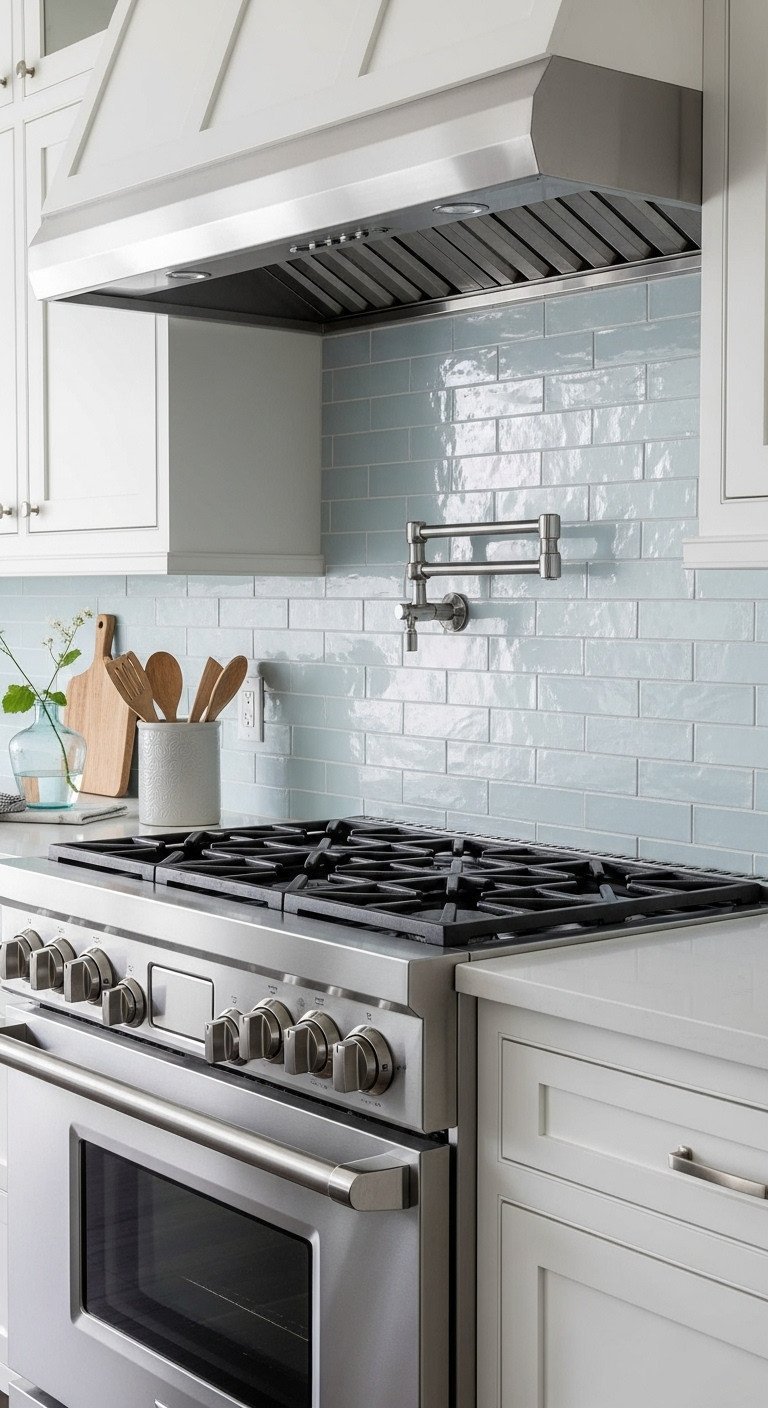 11 Brick Backsplash Ideas And The Essential Sealing Guide 3 Glossy pale blue glazed thin brick backsplash behind a stainless steel range in a clean, modern kitchen design.