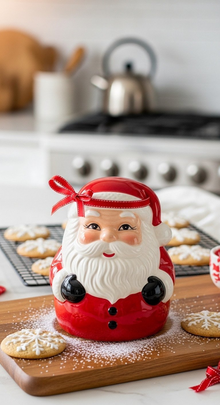 11 Ultimate Nostalgic Christmas Kitchen Decor Ideas 21 Glossy vintage ceramic Santa cookie jar with a red ribbon on a wooden board, with blurred Christmas cookies and sugar.