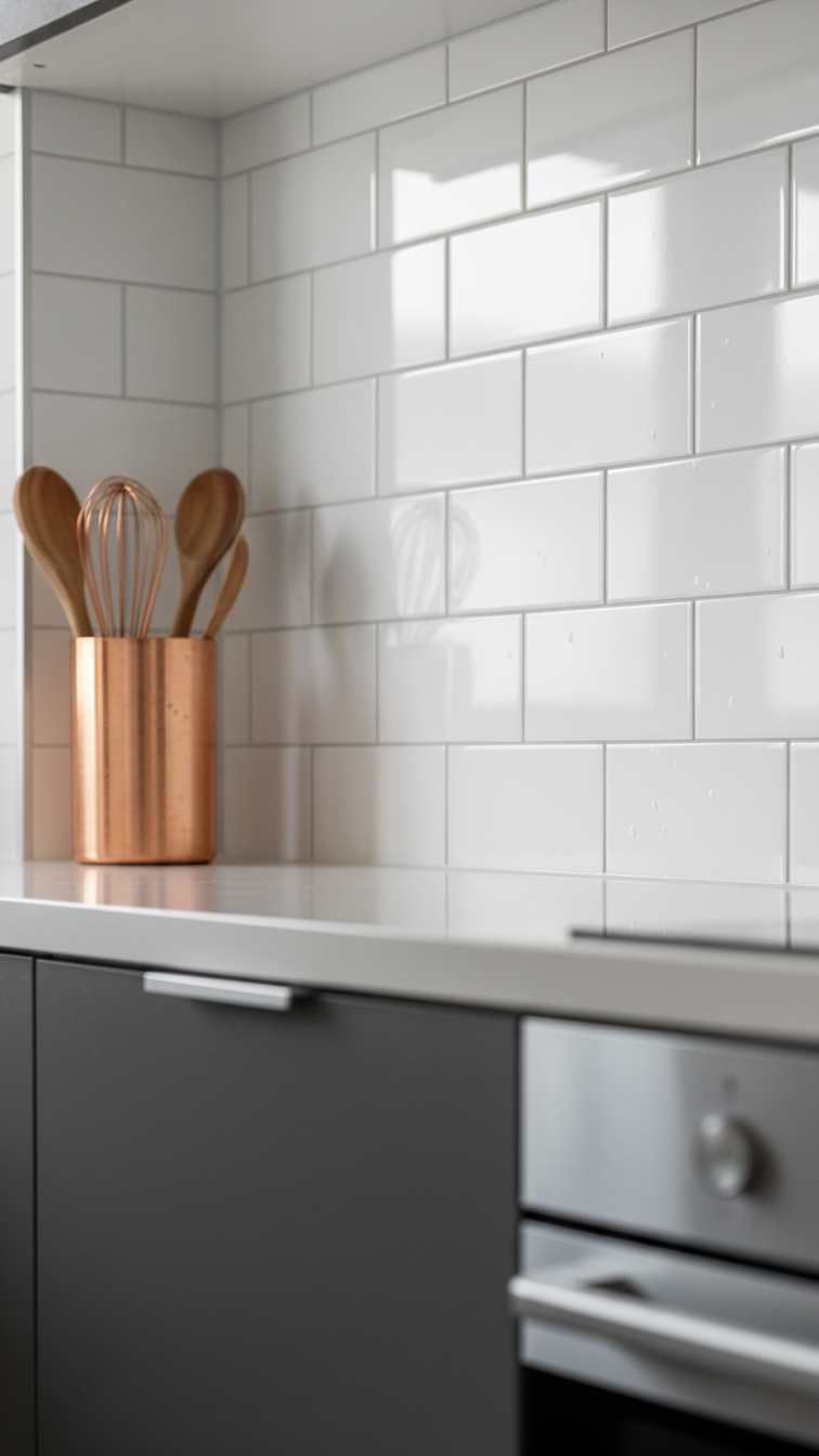 Glossy white subway tile backsplash reflecting light above dark charcoal lower cabinets, with a copper utensil holder.