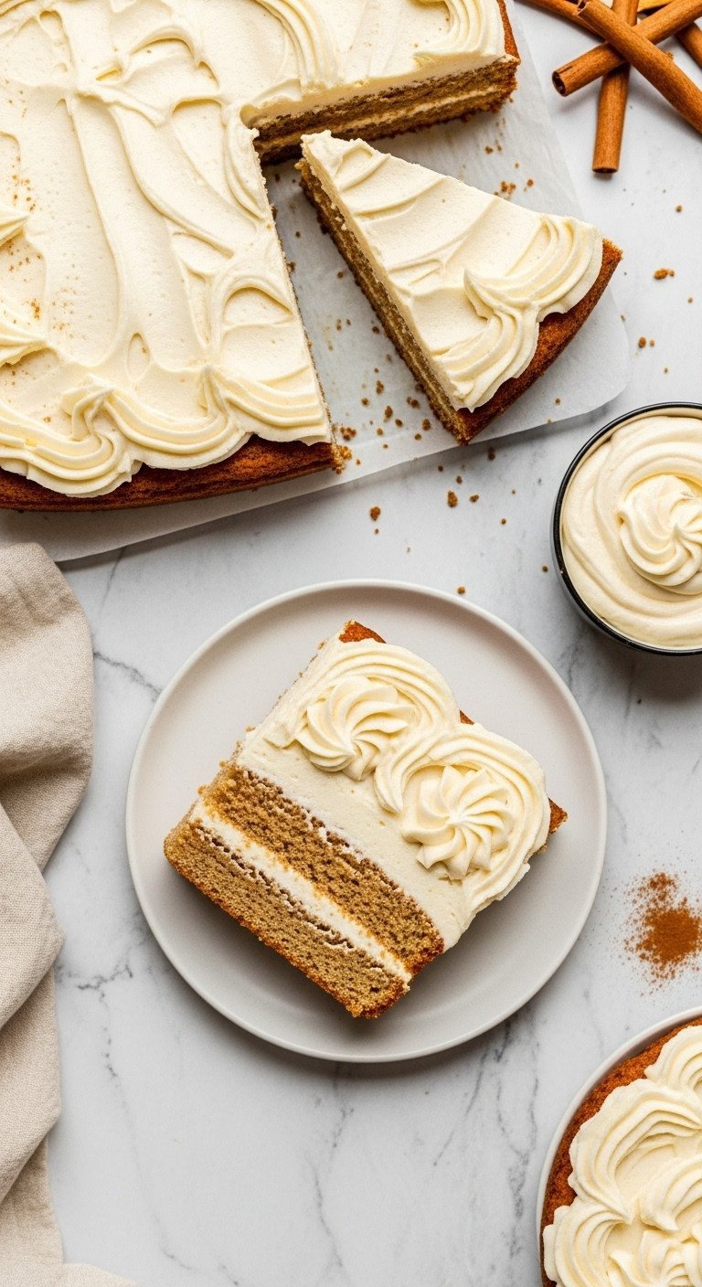 Gluten-Free Spiced Pumpkin Sheet Cake slice with thick cream cheese frosting, moist crumb, cinnamon on marble.