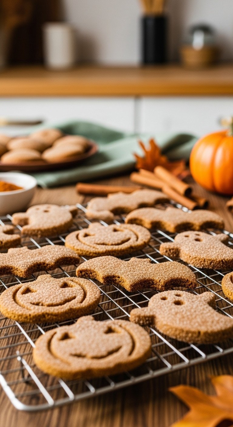 Gluten-free pumpkin spice Halloween cookies (bats, pumpkins, ghosts) with cinnamon sugar on a cooling rack.