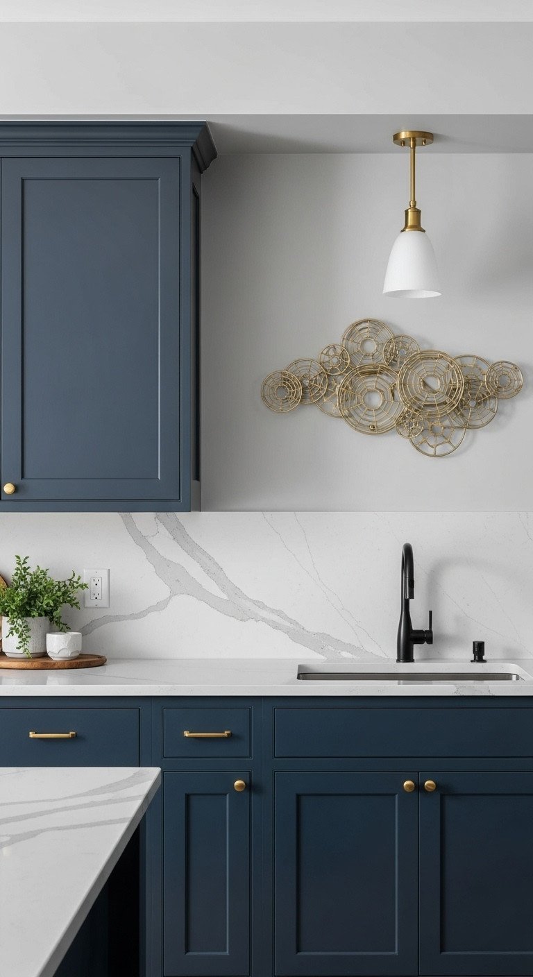Stunning Navy Blue Kitchen Wall Decor And Styling Ideas 7 Gold geometric circle metal wall sculpture on a gray wall in a luxurious modern kitchen with navy blue cabinets.