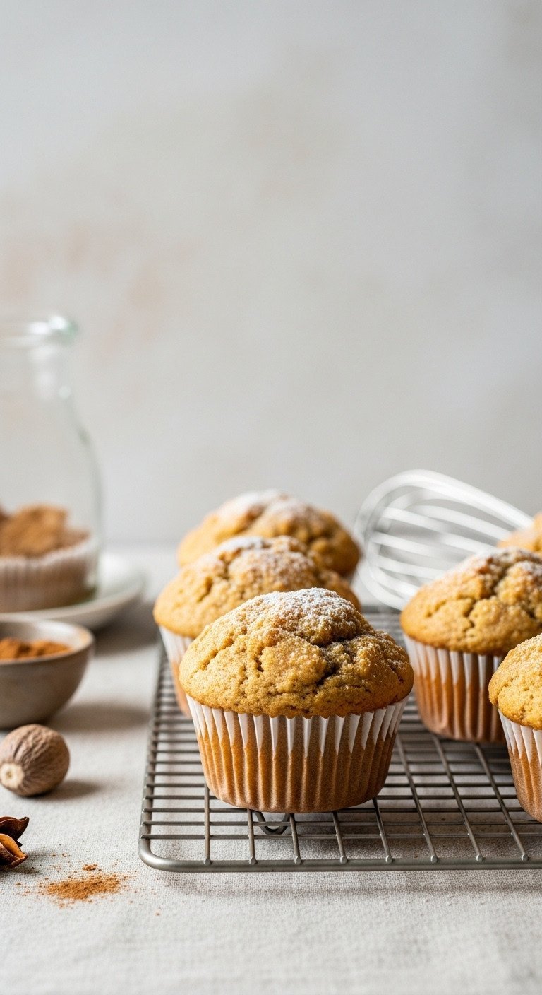 Golden-brown butternut squash spice muffins with powdered sugar on a wire cooling rack for fall baking.
