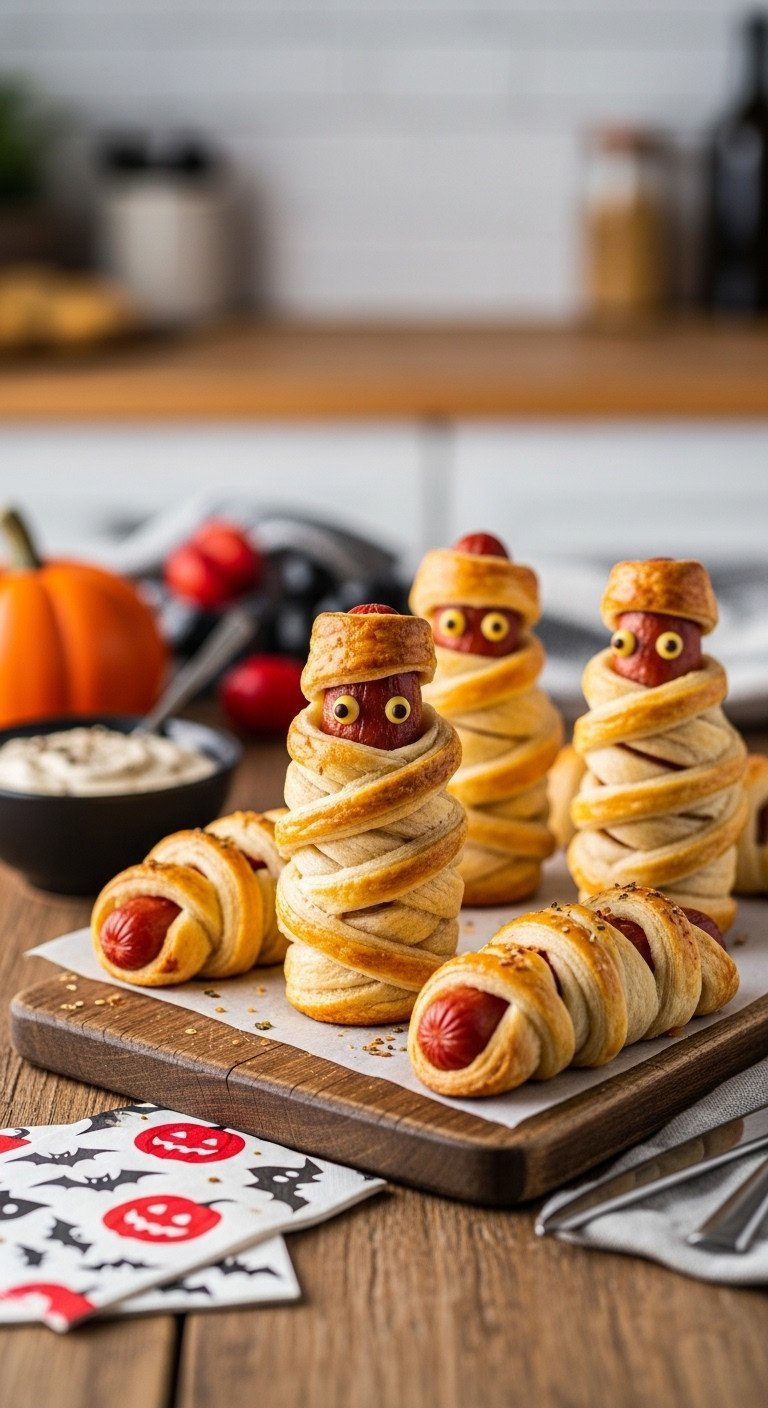 Golden brown mummified hot dogs with mustard eyes on a rustic cutting board, dipping sauce, and napkins for a Halloween party.