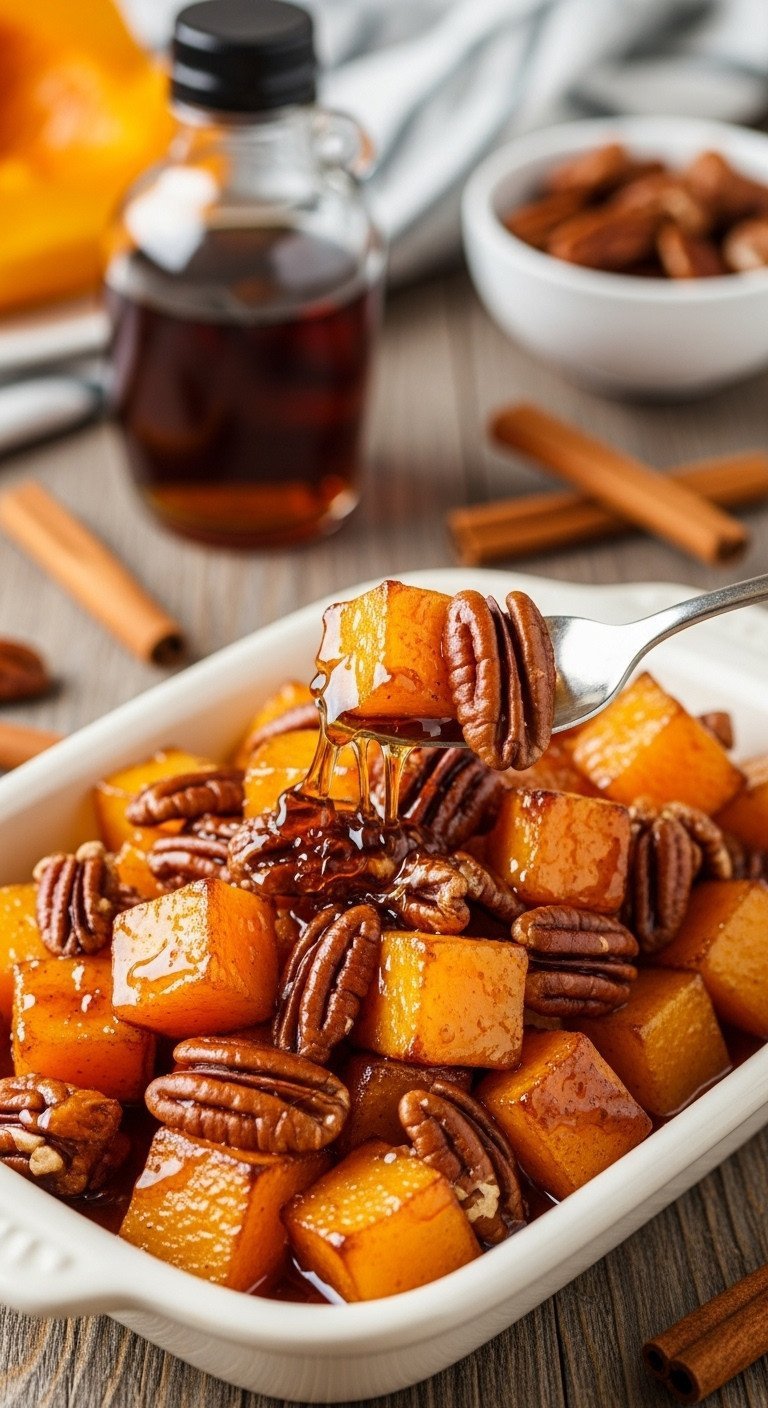 Golden-roasted butternut squash cubes glazed with maple syrup and toasted pecans in a ceramic dish.