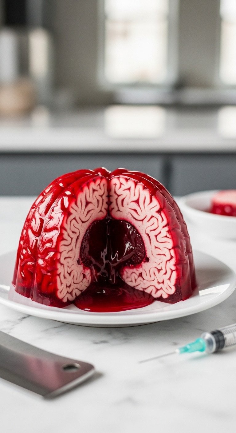 Gory Halloween gelatin brain mold, partially sliced with dark red "oozing blood" on a white dish with cleaver prop.