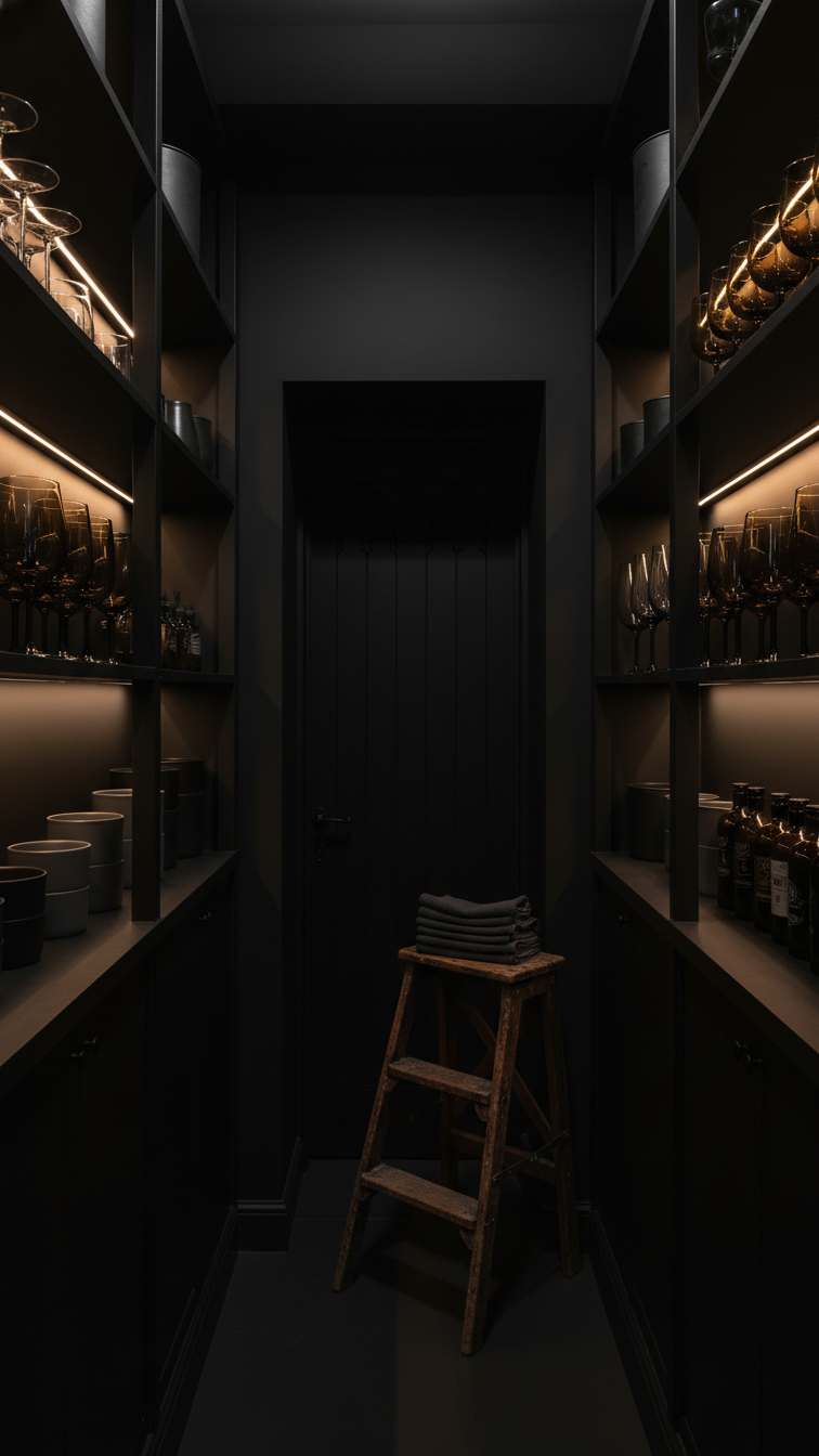 Gothic moody butler's pantry: dimly lit, deep black walls, open shelves with organized dark glassware and ceramic cannisters.
