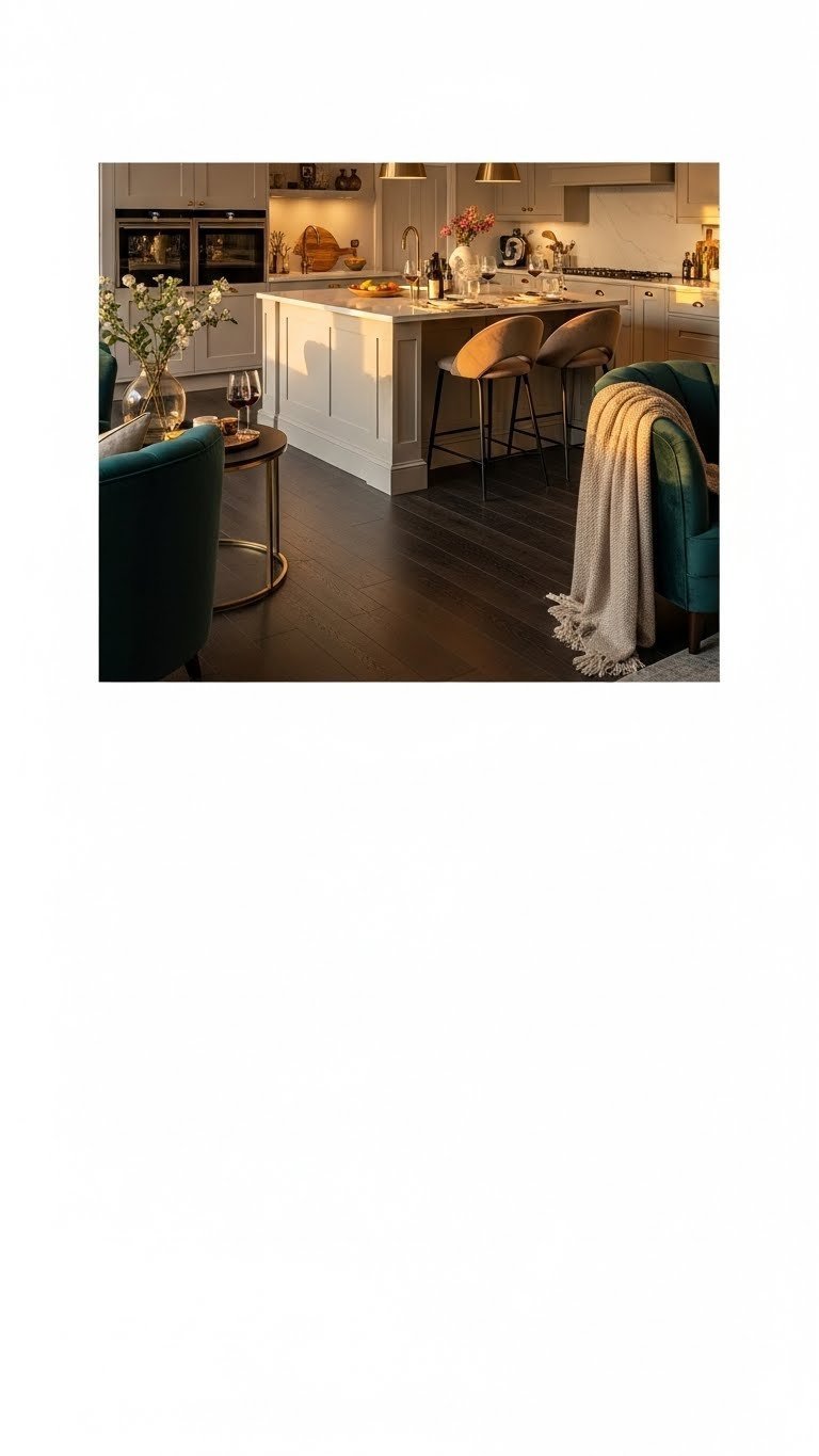 Grand L-shaped kitchen living room for entertaining, featuring a large island with bar seating and plush velvet sofa. Cozy design.