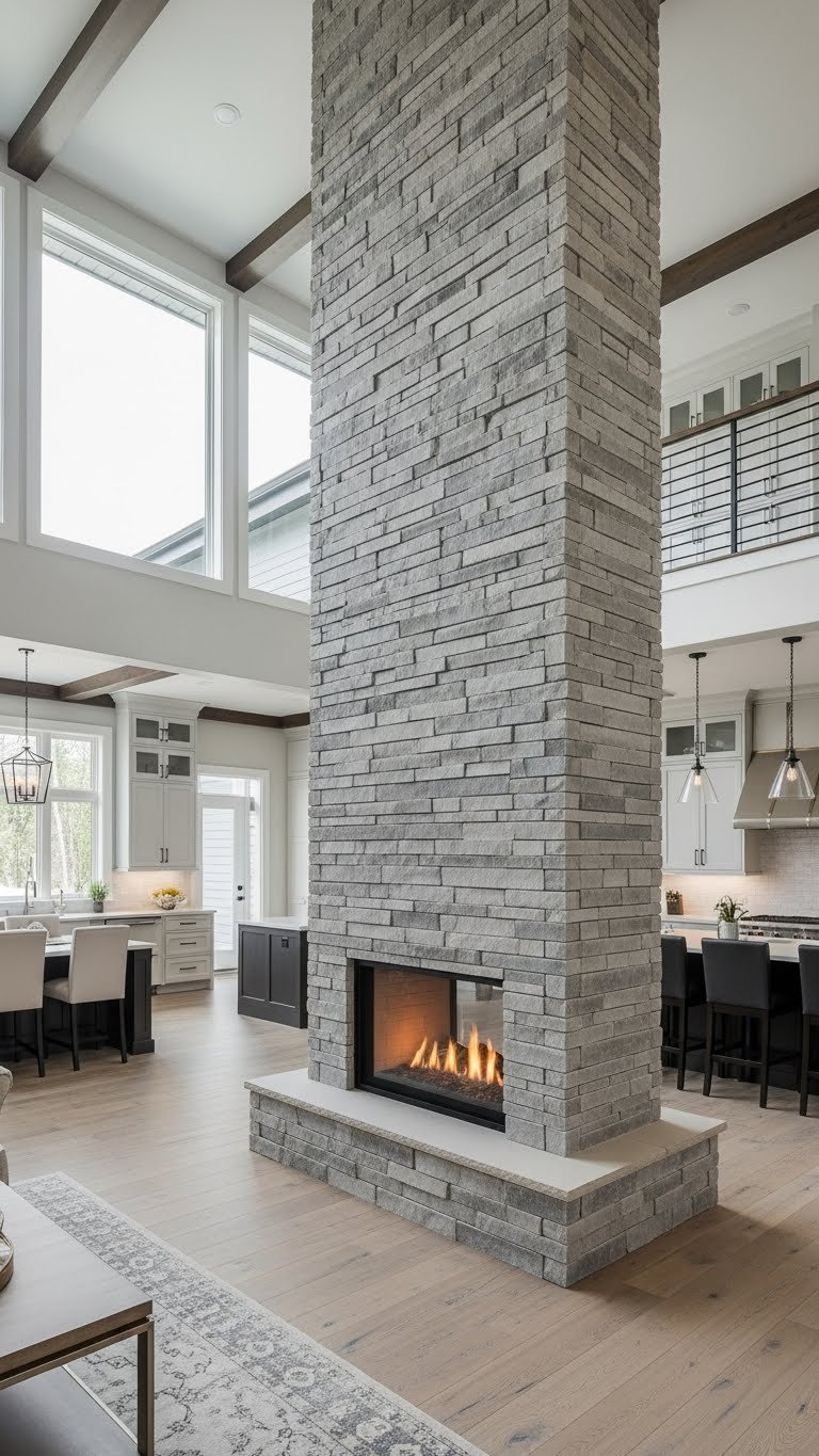 Grand floor-to-ceiling stone fireplace in luxurious open living room, emphasizing high ceilings and warm accent lighting.