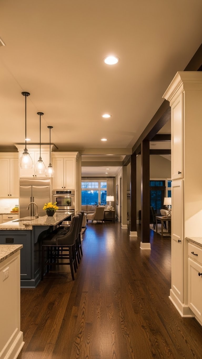 Grand open floor plan with layered lighting. Recessed, pendant, floor lamps. Dark hardwood, vaulted ceilings. Warm creams, golden browns, deep blues.