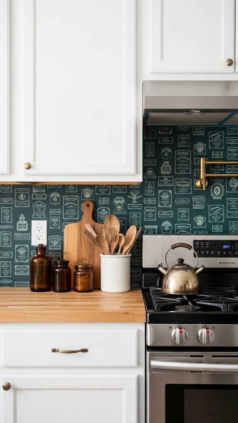 7 Moody Kitchen Wallpaper Ideas To Create Dramatic Style 12 Green apothecary wallpaper, vintage labels, rental kitchen. White cabinets, wood counter, brass canisters, amber bottles.