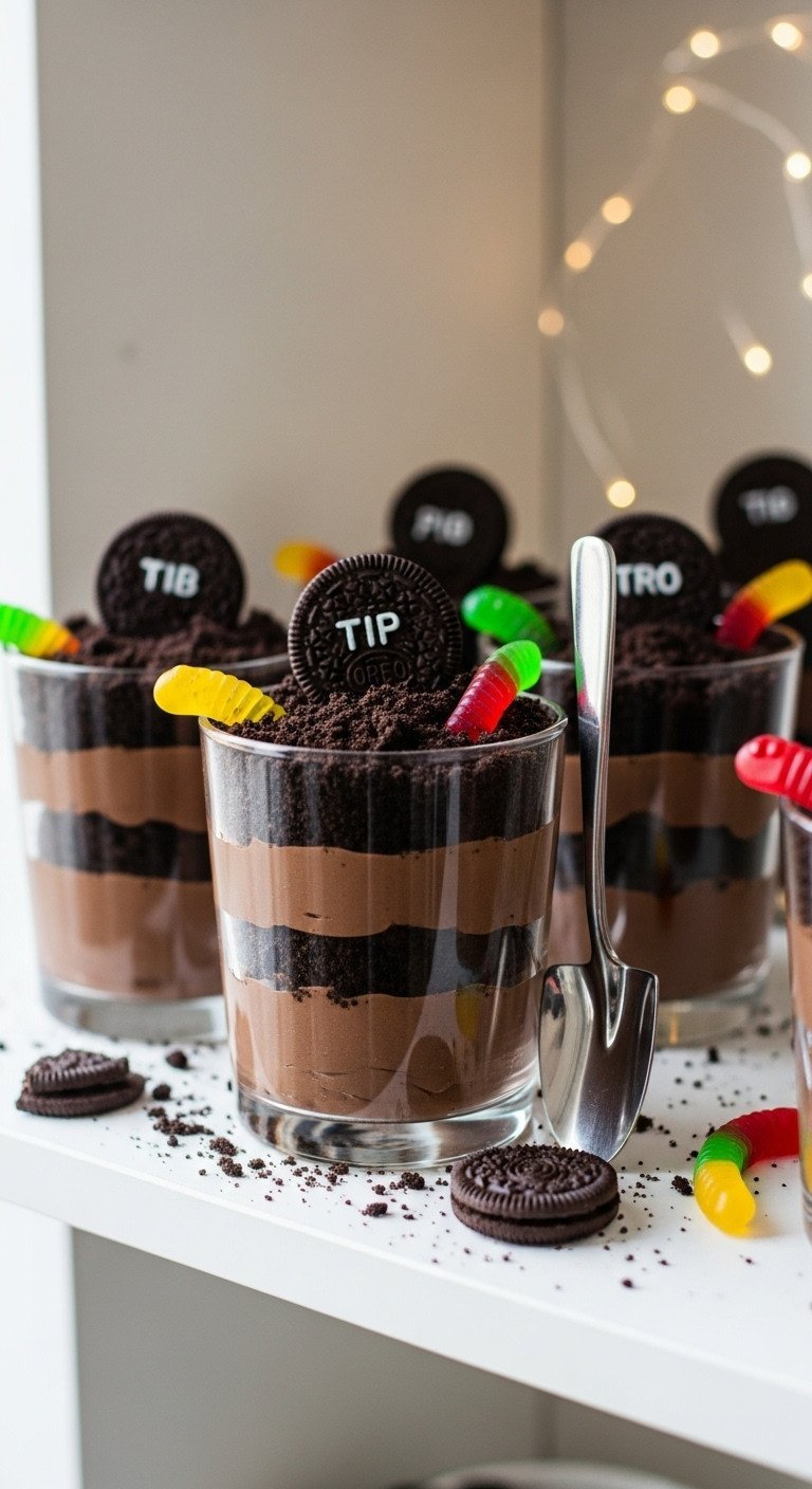 Halloween graveyard chocolate pudding parfaits with Oreo dirt, candy tombstones, and gummy worms in clear cups.