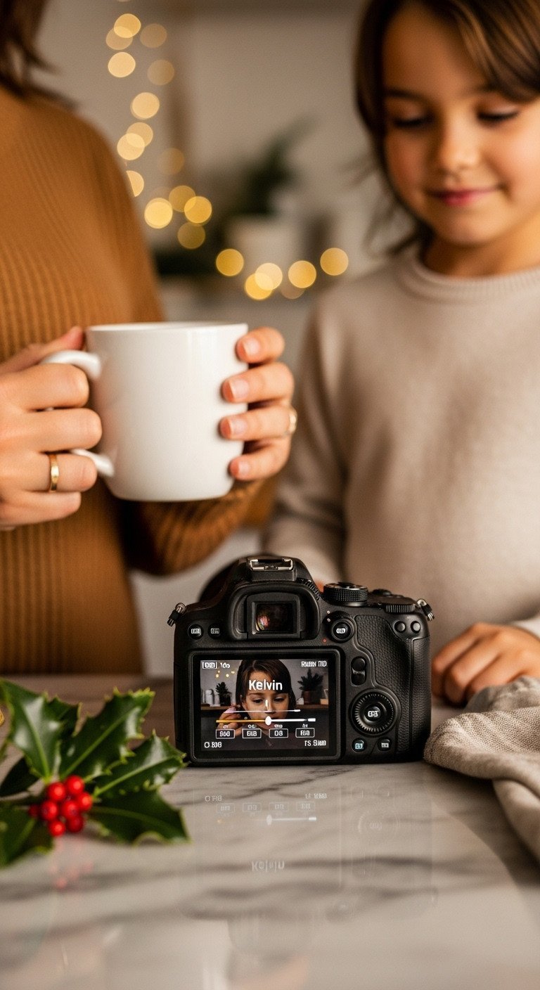 Hand adjusting DSLR camera white balance settings on screen in a warm Christmas kitchen with blurred fairy lights & holly.