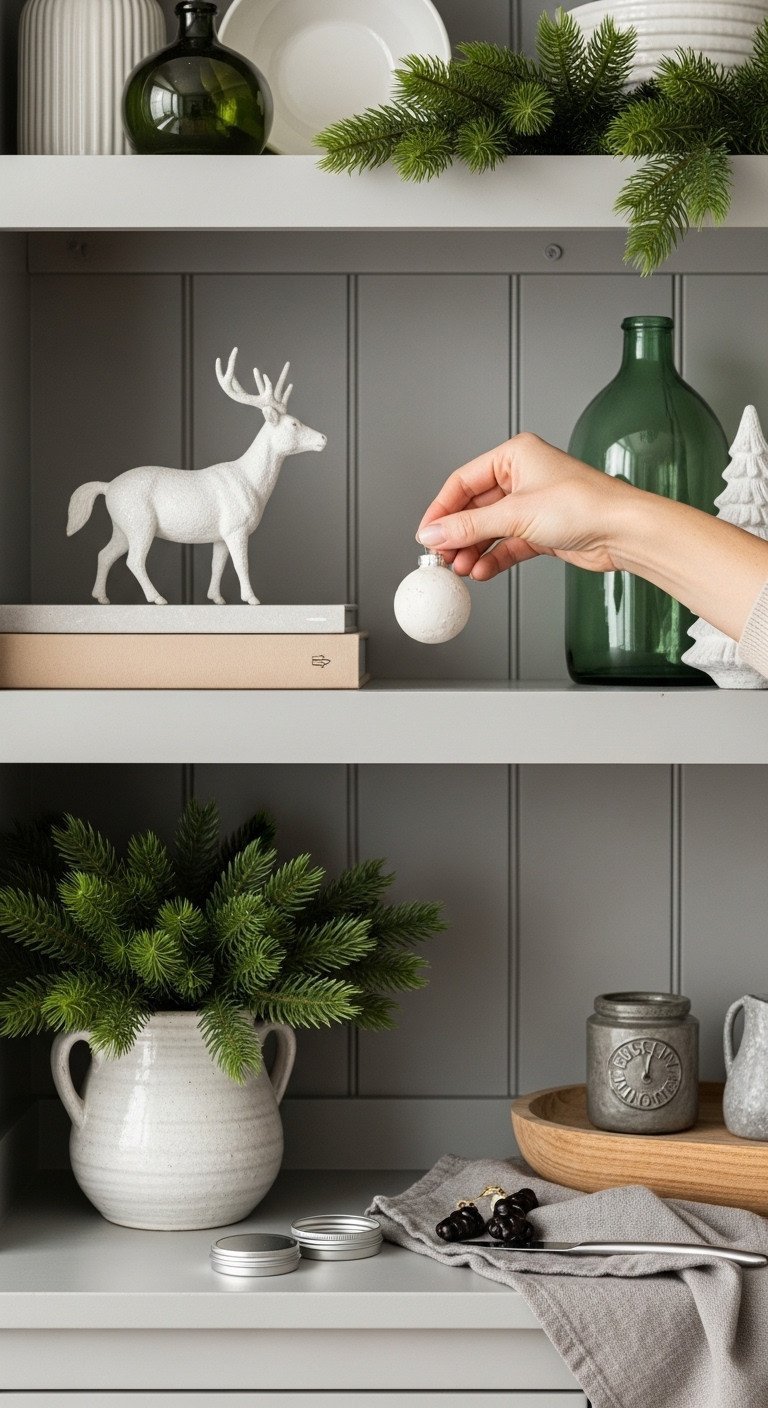 Hand removing clashing ornament from a cohesive Christmas hutch display, refining holiday decor. Winter white, deep green, wood tones.