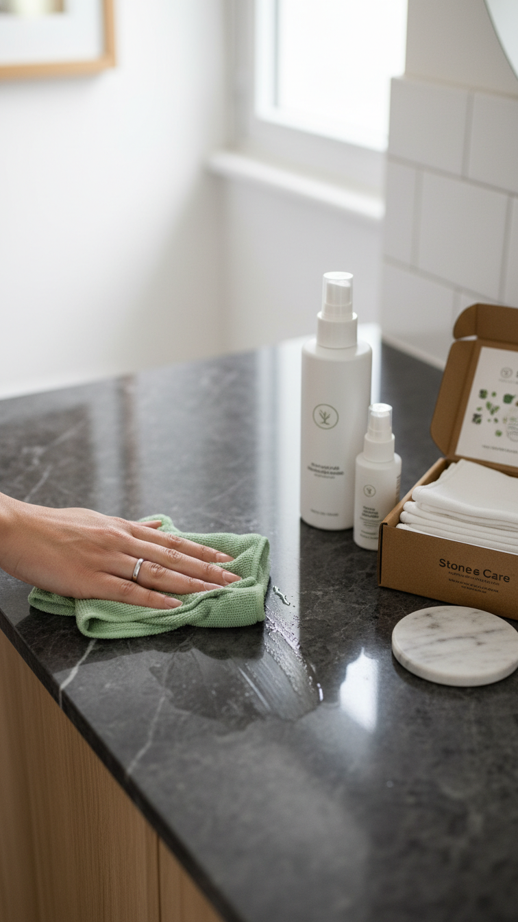 Hand wiping a polished dark marble countertop with a microfiber cloth and stone cleaner, showcasing marble maintenance and care products.