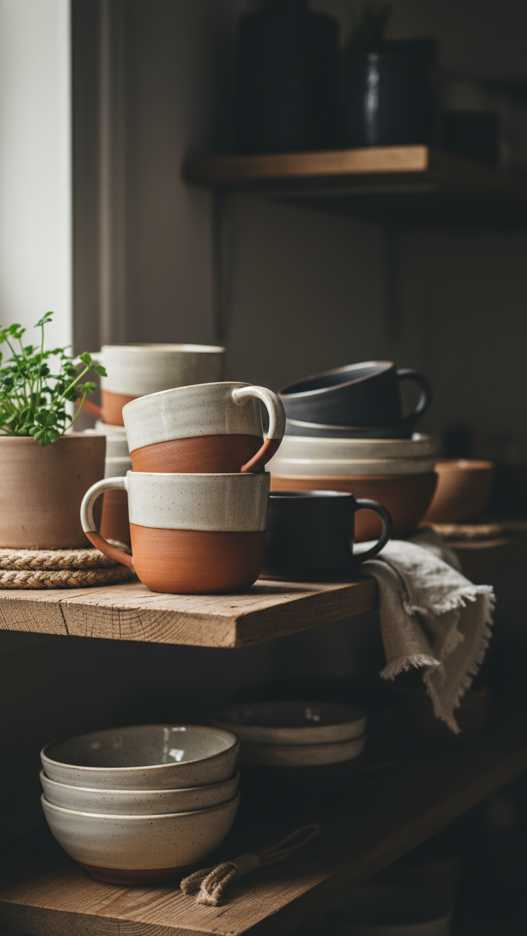 Boho Moody Kitchen: Ultimate Guide &Amp; Stunning Design Ideas 15 Handcrafted matte terracotta, cream, charcoal mugs & bowls stacked on wooden shelf with woven accents, cozy boho kitchen ceramics.