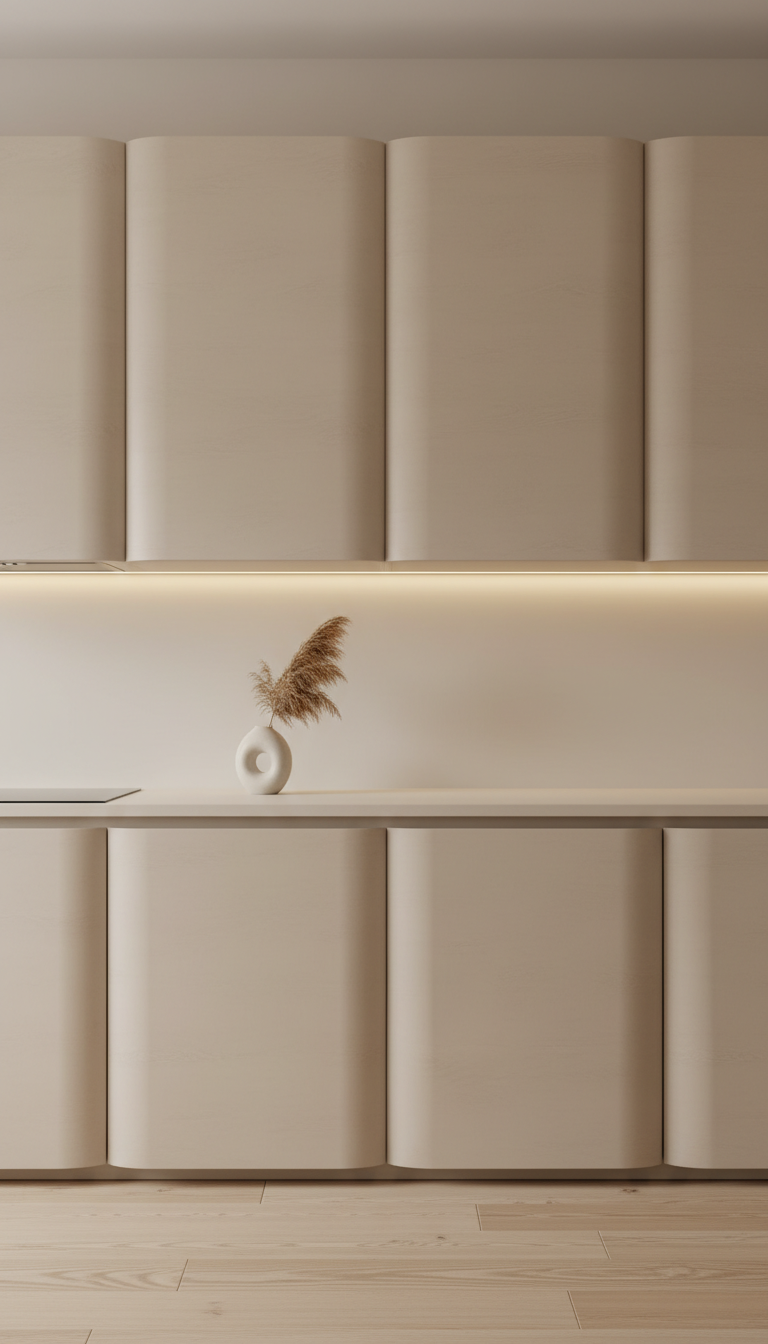 Handleless light beige matte curved wall units and base cabinets, biomorphic sculptural kitchen design.