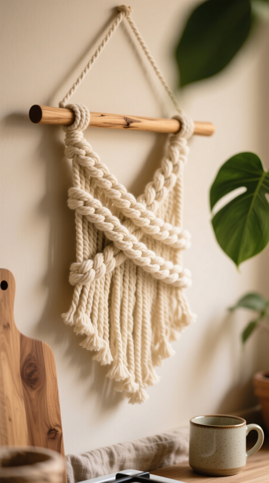 13 Genius Boho Kitchen Wall Decor Ideas You Can Style 25 Handmade DIY wall hanging with chunky cream yarn on a wooden dowel, adding soft texture to a cozy boho kitchen wall.