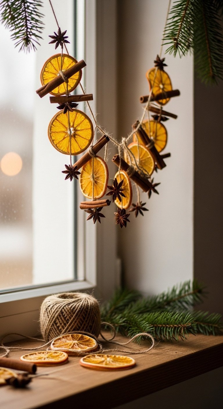 Handmade dried citrus garland featuring orange slices, star anise, cinnamon sticks, twine, on a rustic wooden shelf.