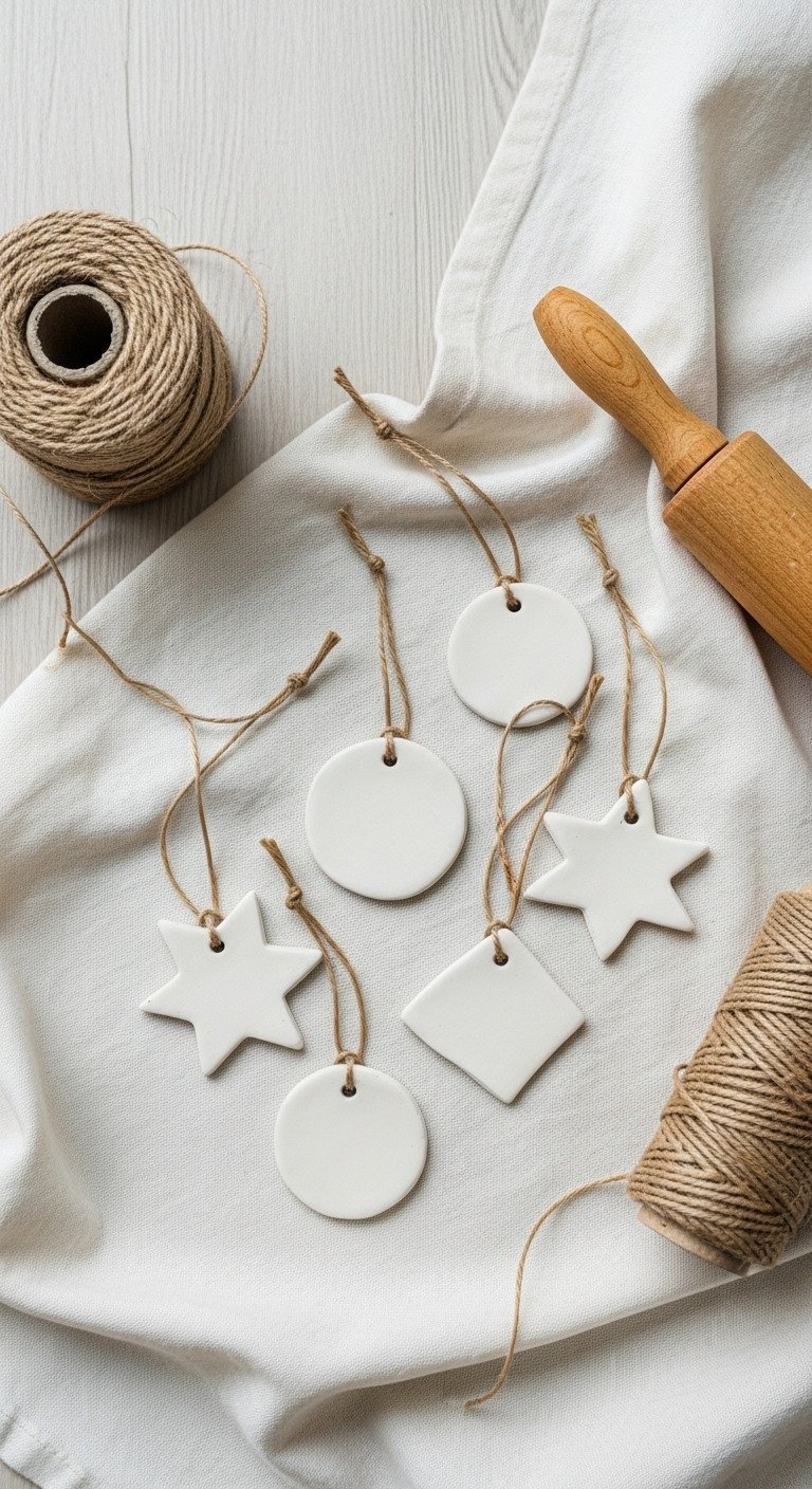 Handmade white air-dry clay ornaments on jute string against raw linen, with wood tools. Rustic Wabi Sabi craft decor.