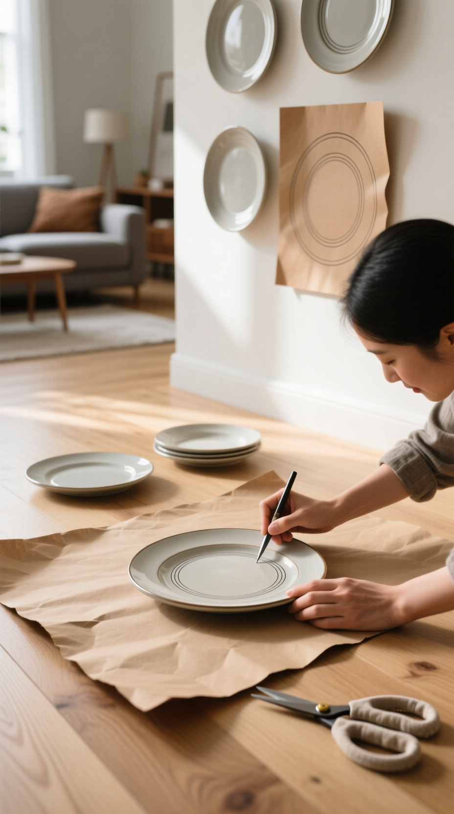 How To Hang Plates On A Wall A Step By Step Visual Guide 3 Hands tracing a decorative plate onto brown kraft paper to create a template for a DIY plate wall home decor project.