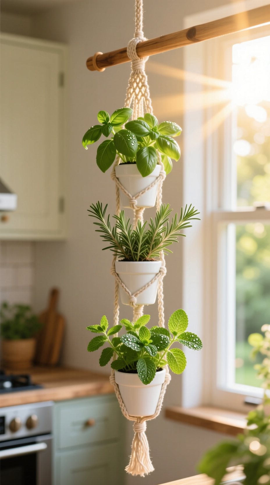 Hanging herb garden with basil and mint in ceramic pots and macrame holders by a sunny kitchen window for fresh decor.