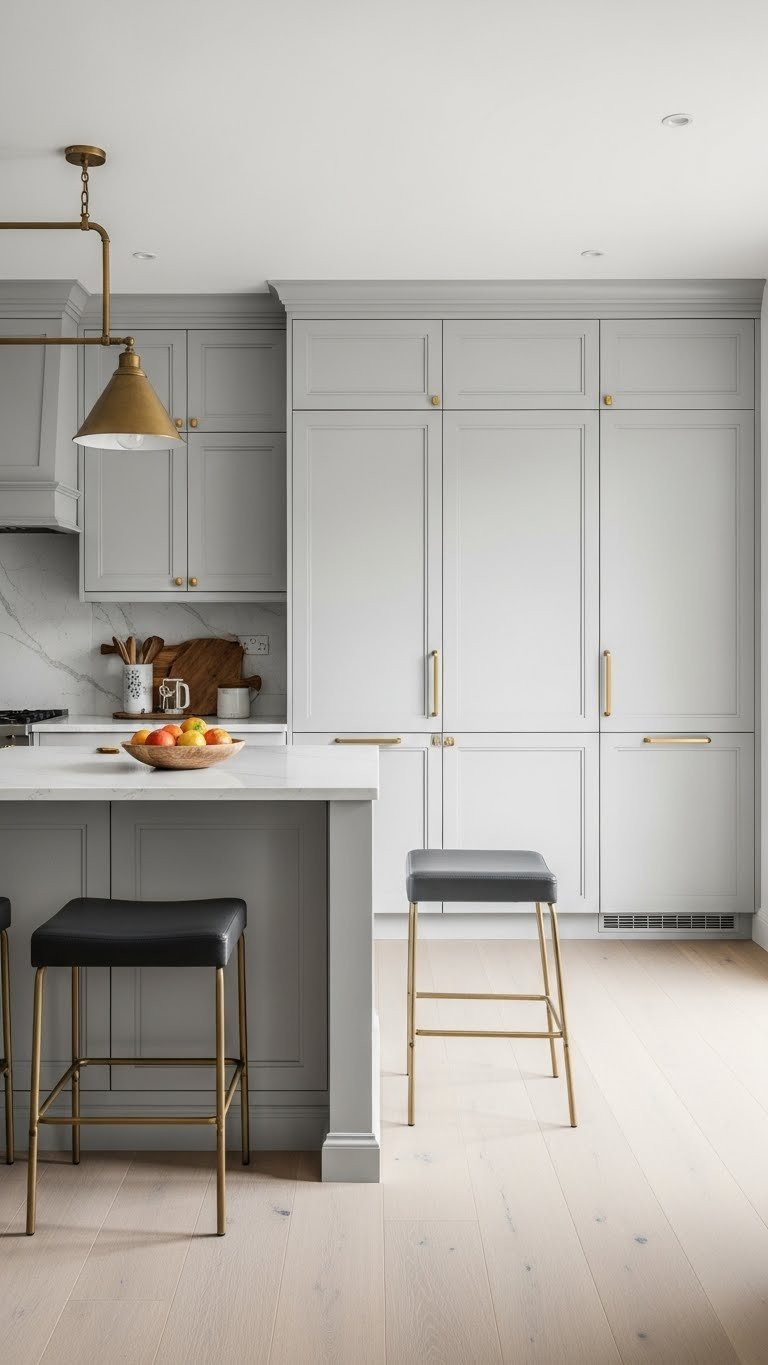 Harmonious open concept kitchen & living room with island, shaker cabinets, brass accents. Soft grays, warm wood tones design.