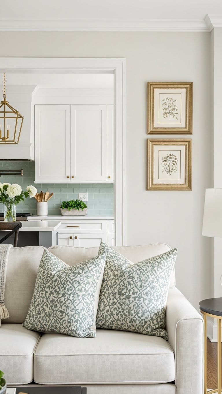 Harmonious sage green color palette flowing through open kitchen and living room, with consistent accents and cohesive design.